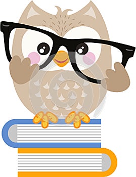 Owl student holding glasses on top of books