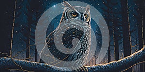 The owl surrounded by forest at night photo