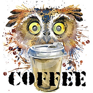 Owl T-shirt graphics. coffee and owl illustration with splash watercolor textured background.