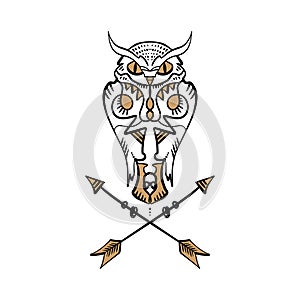 Owl tattoo outline. Boho tribal style. Line ethnic ornaments. Poster, spiritual art, symbol of wisdom. Antistress art