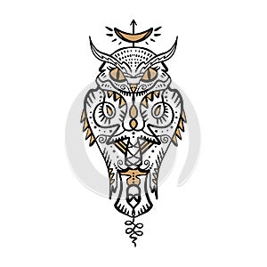 Owl tattoo outline. Boho tribal style. Line ethnic ornaments. Poster, spiritual art, symbol of wisdom. Antistress art