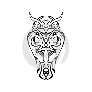 Owl tattoo outline. Boho tribal style. Line ethnic ornaments. Poster, spiritual art, symbol of wisdom. Antistress art