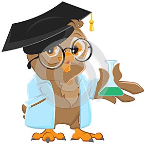 Owl teacher in a blue robe holding a flask