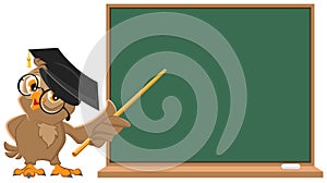 Owl teacher holding pointer at blackboard photo