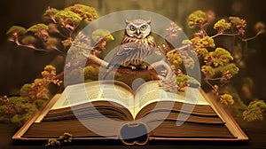 owl on a tree over an opened book, generative ai illustration