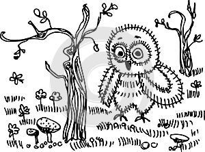 Owl, trees, grass, mushrooms. Black contour on a white background.