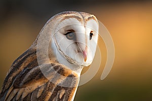 Owl ( Tyto albahead ) head close up. AI Generation