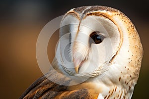 Owl ( Tyto albahead ) head close up. AI Generation