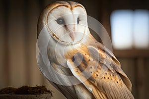 Owl ( Tyto albahead ) head close up. AI Generation