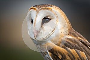 Owl ( Tyto albahead ) head close up. AI Generation