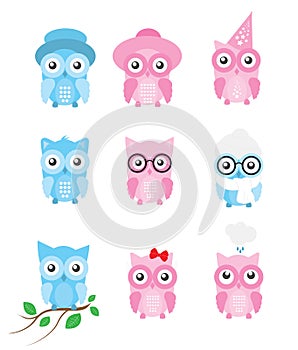 Owl Vector Collection / Set with separated cute cartoon owls illustrations, isolated on white background