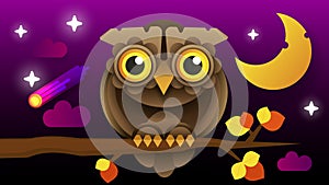 Owl Vector Isolated Icon. Wild Forest Feathered Nocturnal Predatory Bird Of Prey Sitting On Branch