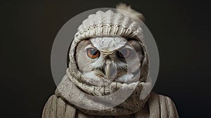 Hyper-realistic Portraiture: Owl Wearing Scarf And Hat photo