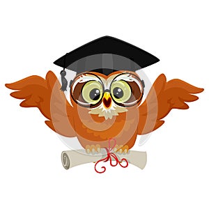 Owl wearing graduation cap and holding diploma while flying