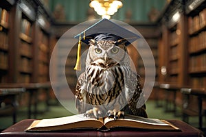 Owl wearing a graduation cap and an open book in the library. Education concept. Generative Ai