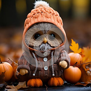 an owl wearing an orange sweater and hat sits on the ground surrounded by pumpkins