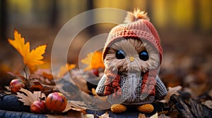 an owl wearing a sweater and hat sits on the ground surrounded by autumn leaves