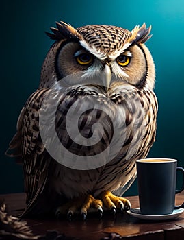 An owl who is falling asleep sits at a table in front of a cup of espresso coffee. Ruffled and shaggy owl, generated AI