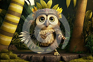 Owl with a wreath on his head in the jungle