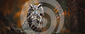 an owl with yellow eyes sitting on a tree branch in a forest with orange leaves in the foreground and a blurry background of