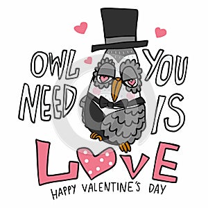 Owl you need is love cartoon doodle style vector illustration