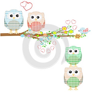 Owls and birds on branches and tree