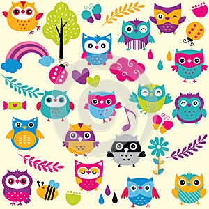 Owls and elements clip art set