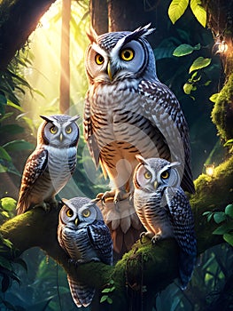 owls family on a branch in a forest, ai generative