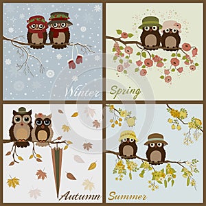 Owls in four seasons- spring, summer, autumn, winter