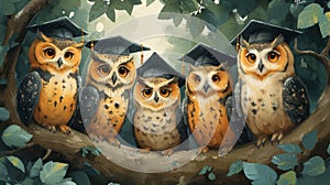 Owls in graduation cap on tree branch. Illustration. Generative AI