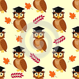 Owls with graduation caps seamless pattern