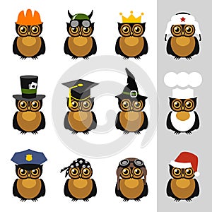 Owls with hat, helmet, cap, bandanna and crown photo
