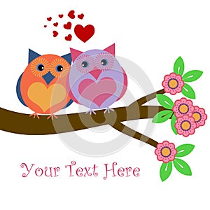 Owls in Love Sitting on Tree Branch