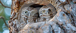 Owls Nesting in Tree Hollow