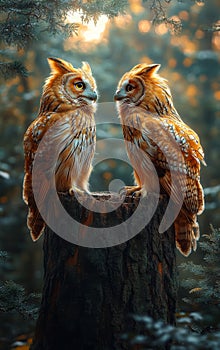 Owls perched on a tree stump in twilight