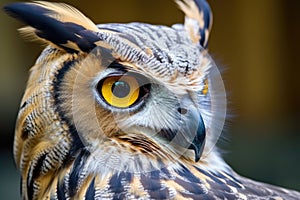 owls profil with yellow eyes and curved beak