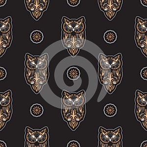 Owls seamless pattern in boho style. Good for garments, textiles, backgrounds and prints. Vector