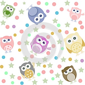 Owls, stars and circles seamless background