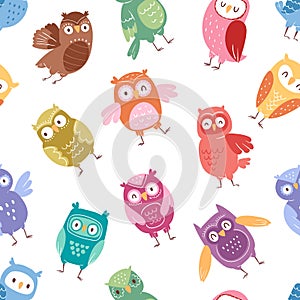 Owls vector cartoon cute bird set cartoon owlet character kids animal baby art for children owlish collection seamless