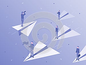Own business way. Businessman on paper airplane stand out from crowd, individuality and unique isometric vector