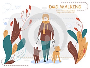 Owner and dogs walking. Cartoon vector illustration for web page, social media,