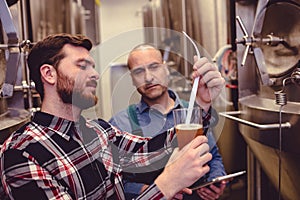 Owner examining beer in glass