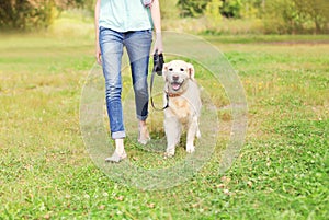 Owner with Golden Retriever dog walking in park