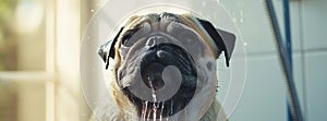 Owner or groomer washes the dog in the shower. Close-up of a wet pug\'s muzzle