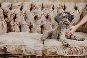 owner holding grimy puppy on a tufted victorian sofa