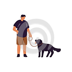 Owner holds leash in hand, leads puppy. Man walks his fluffy doggy. Pet sitter strolls dog. People spend time with