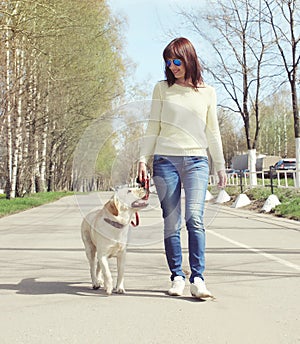 Owner and labrador retriever dog outdoors walking