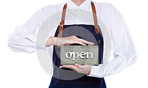 Owner person hold Open Sign Business to show service at door entrance store, cafe, retail and welcome shop. Happy Entrepreneur