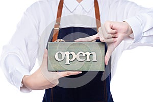 Owner person hold Open Sign Business to show service at door entrance store, cafe, retail and welcome shop. Happy Entrepreneur