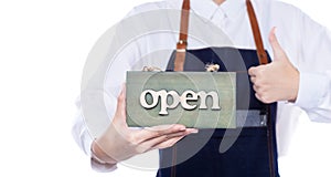 Owner person hold Open Sign Business to show service at door entrance store, cafe, retail and welcome shop. Happy Entrepreneur